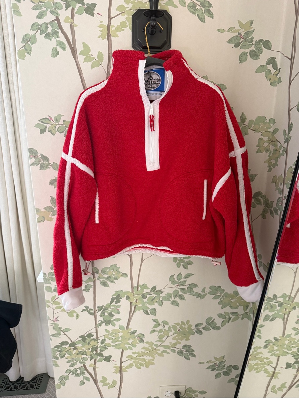 Free People Red Sherpa Half-Zip Pullover with White Trim